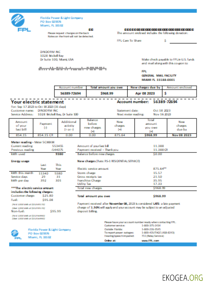Facture commerciale du service public d'électricité de la Florida Power & Light Company (FPL) SCR